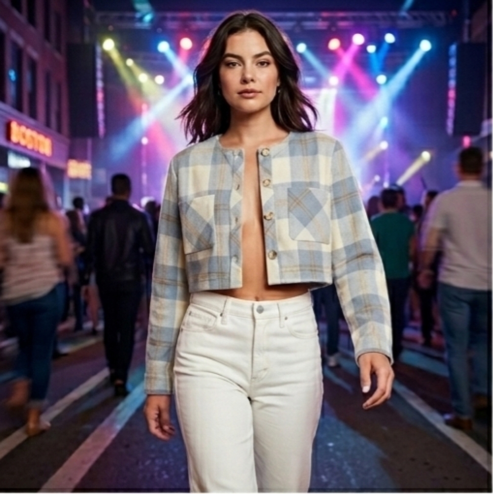 Francesca's Pale Blue & Camel Plaid Cropped Jacket | Size Medium